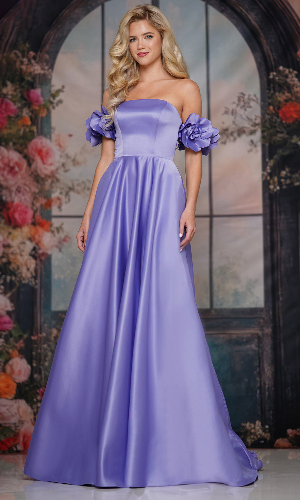 Colors Dress 3744 - Straight Neckline Floral Sleeve Gown - Silhouette Dresses