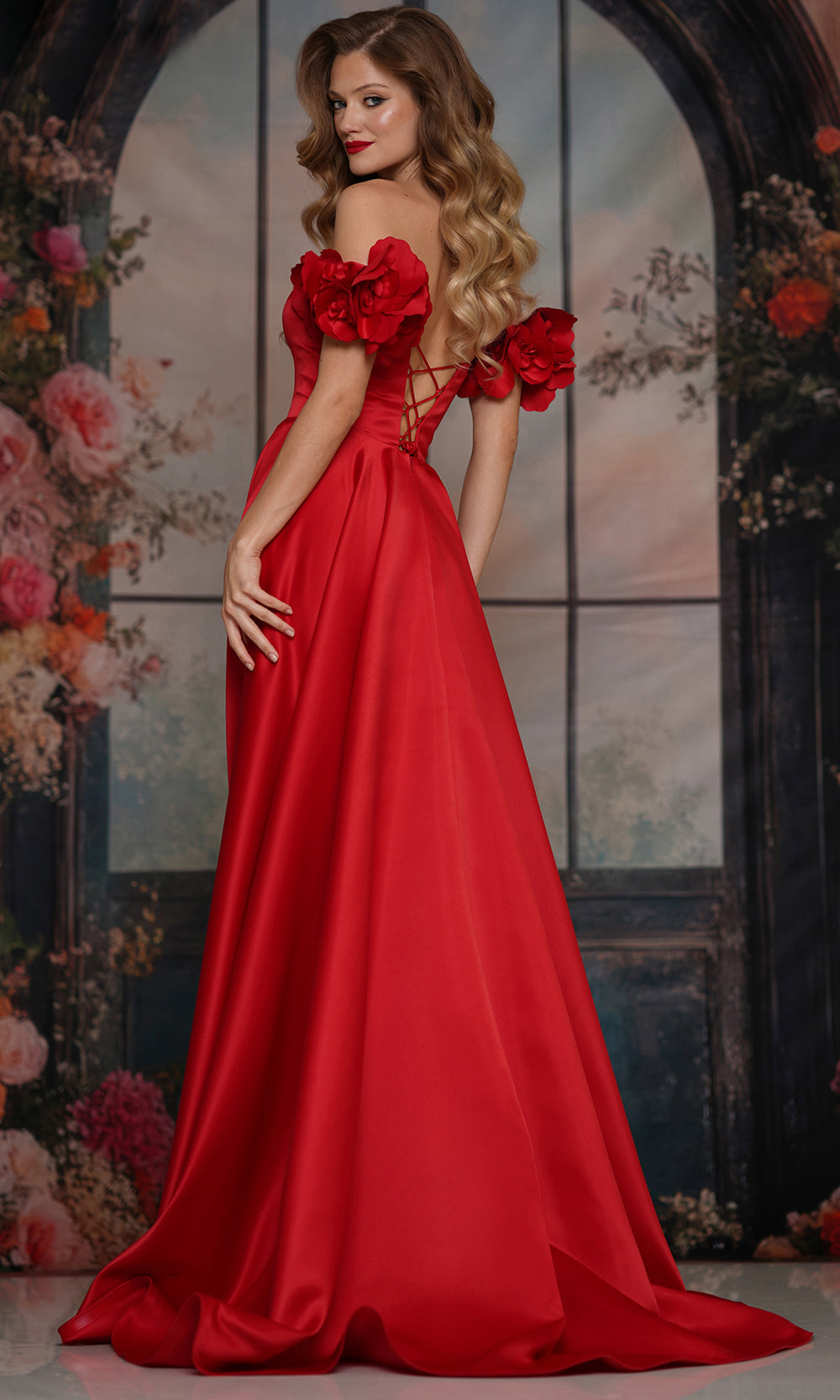 Colors Dress 3744 - Straight Neckline Floral Sleeve Gown - detail view