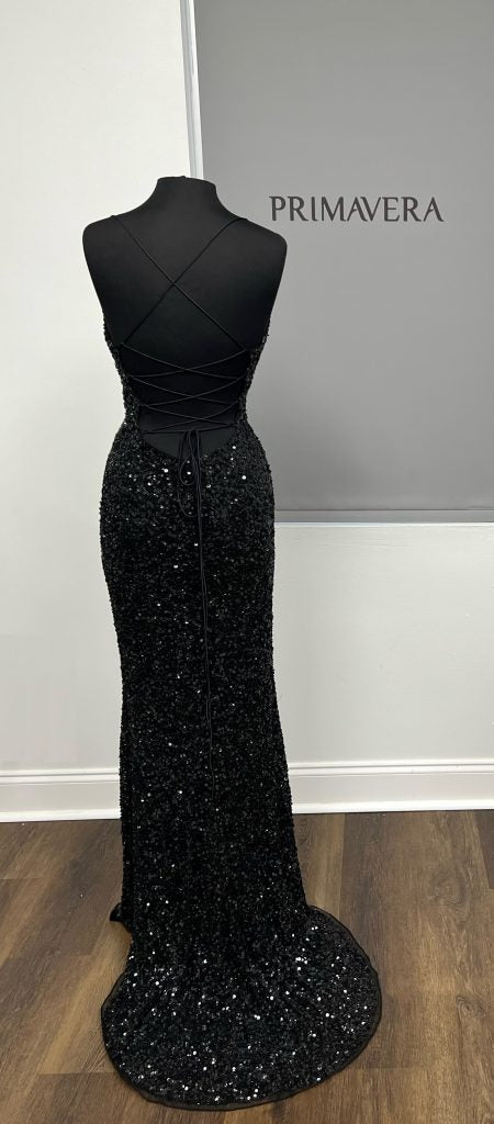 Primavera Couture - 3791 V-Neck Sequin Lace Up Dress