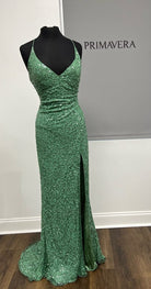 Primavera Couture - 3791 V-Neck Sequin Lace Up Dress