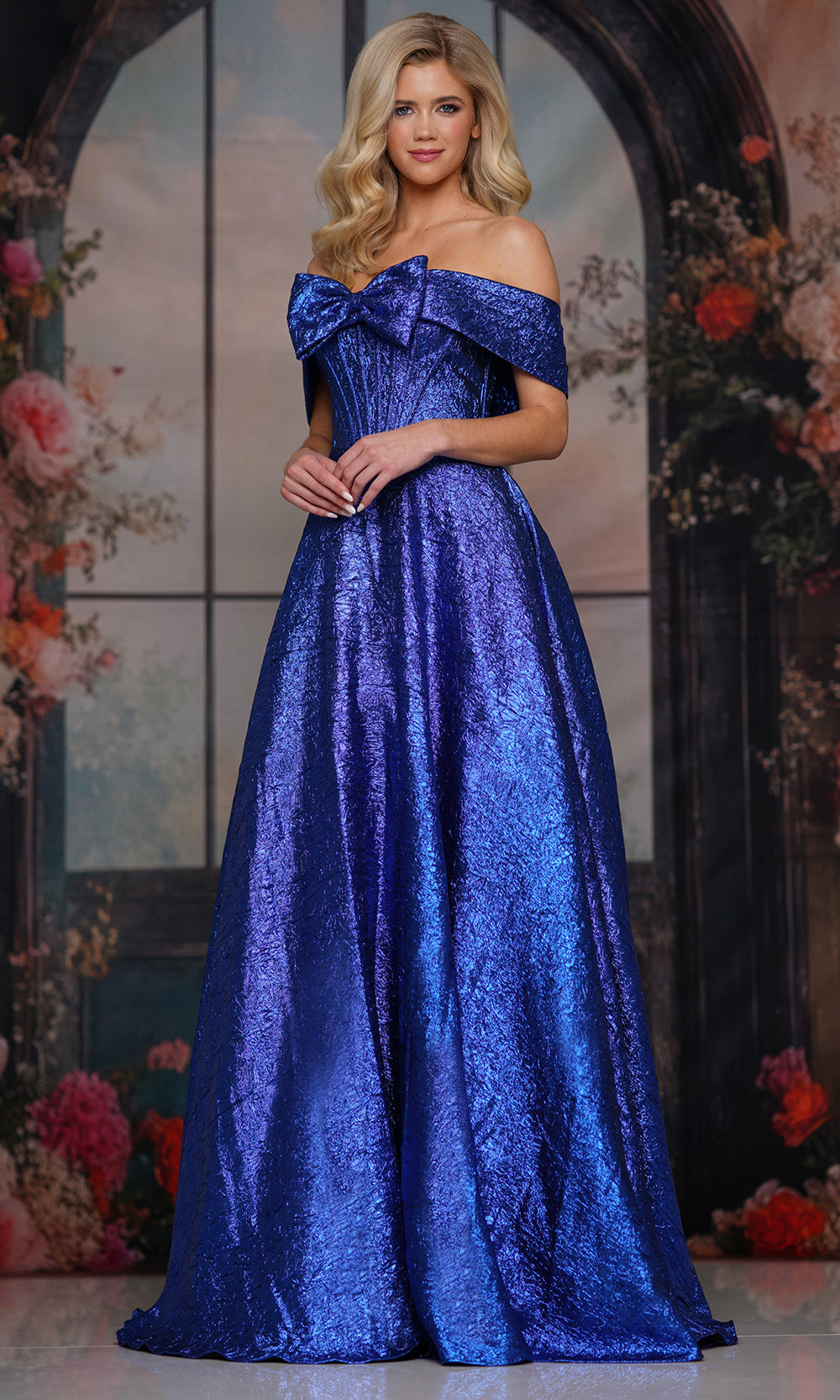 Colors Dress 3792 - Metallic Off Shoulder Basque Gown - back view
