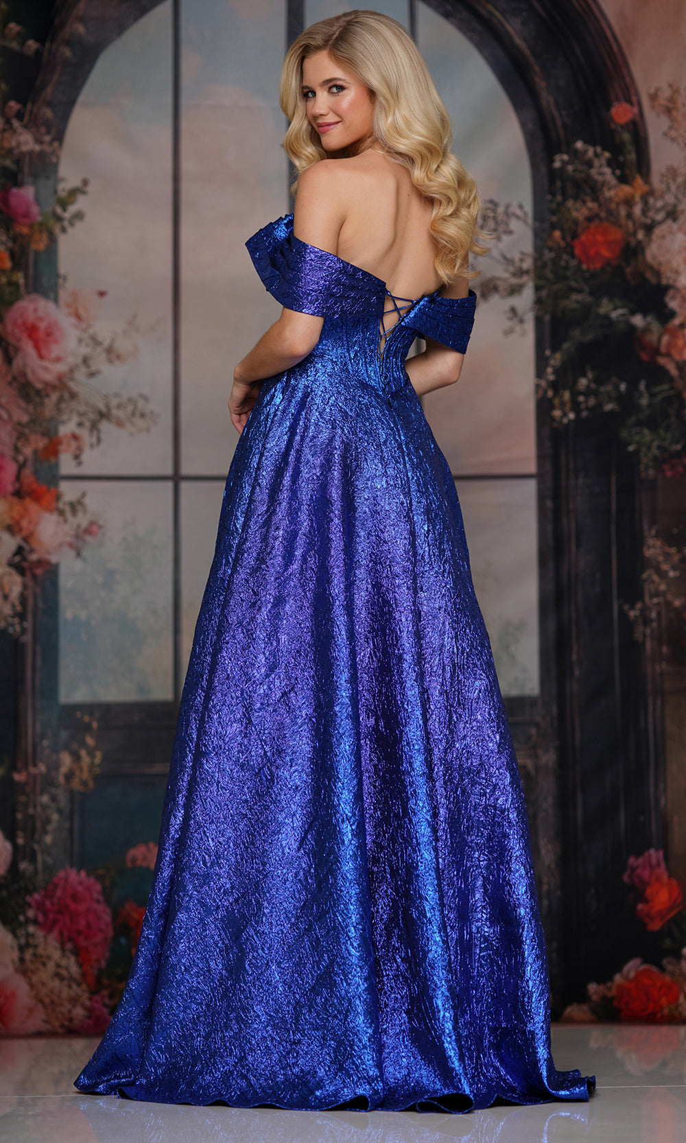 Colors Dress 3792 - Metallic Off Shoulder Basque Gown - detail view