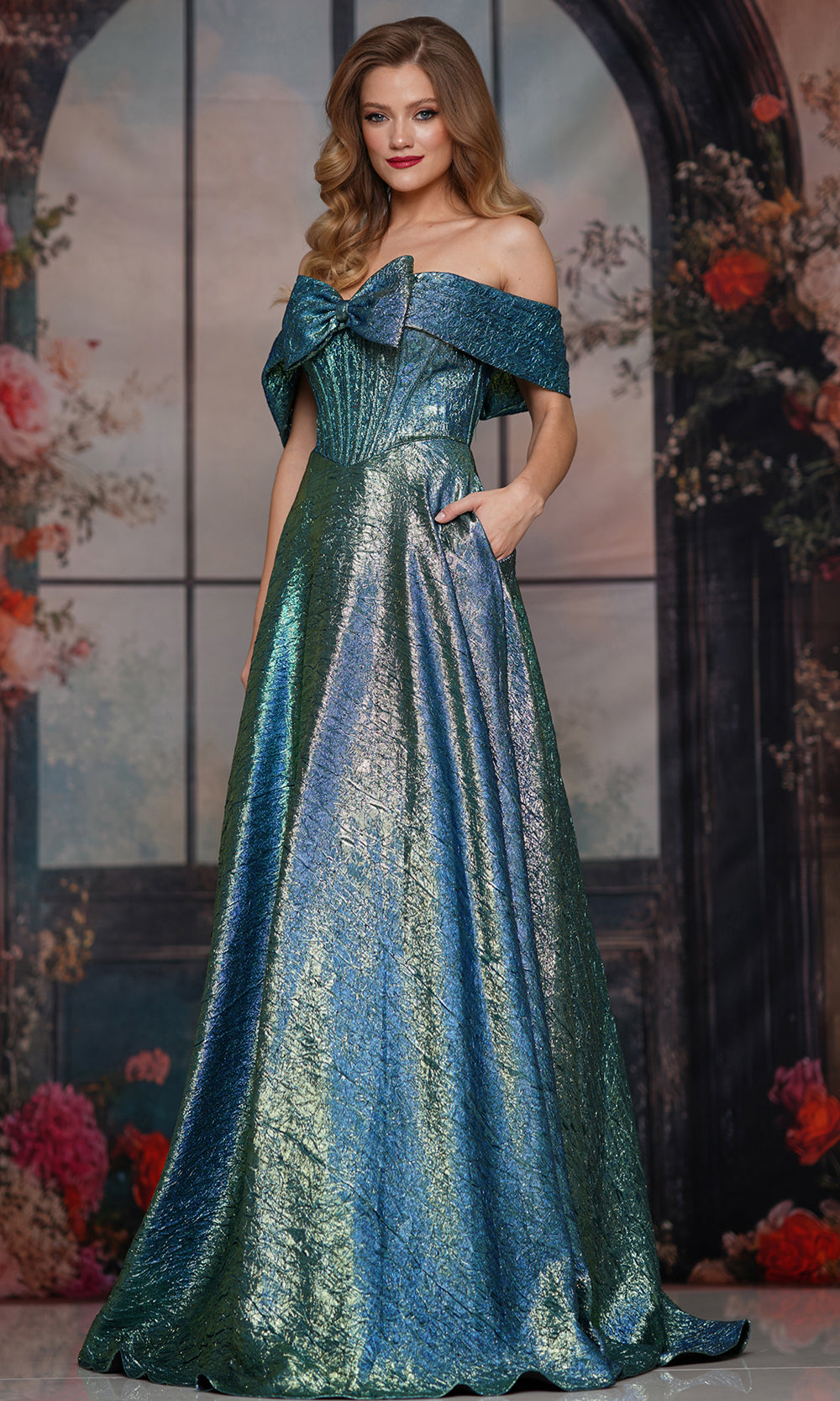 Colors Dress 3792 - Metallic Off Shoulder Basque Gown - view 4