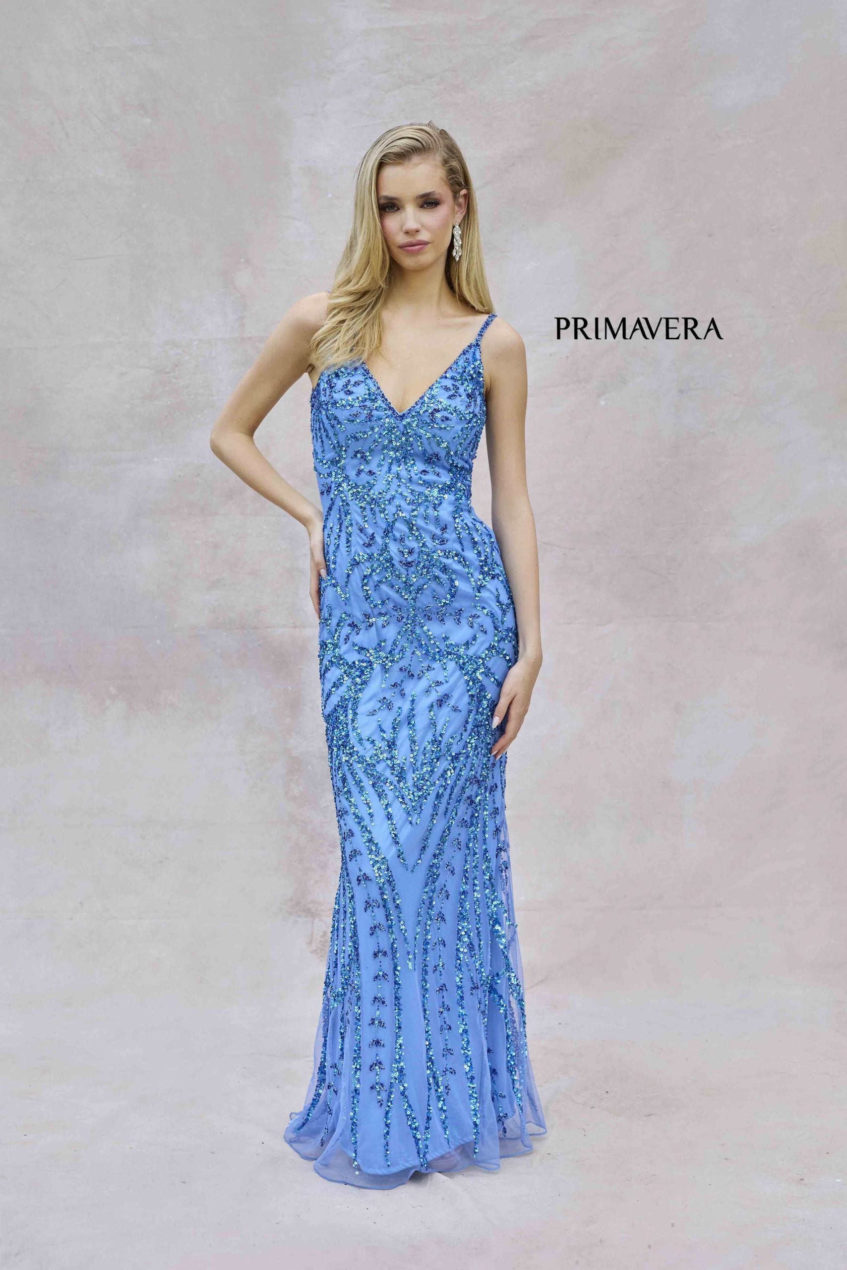 Primavera Couture 3793 - Deep V-Neck Sheath Evening Gown