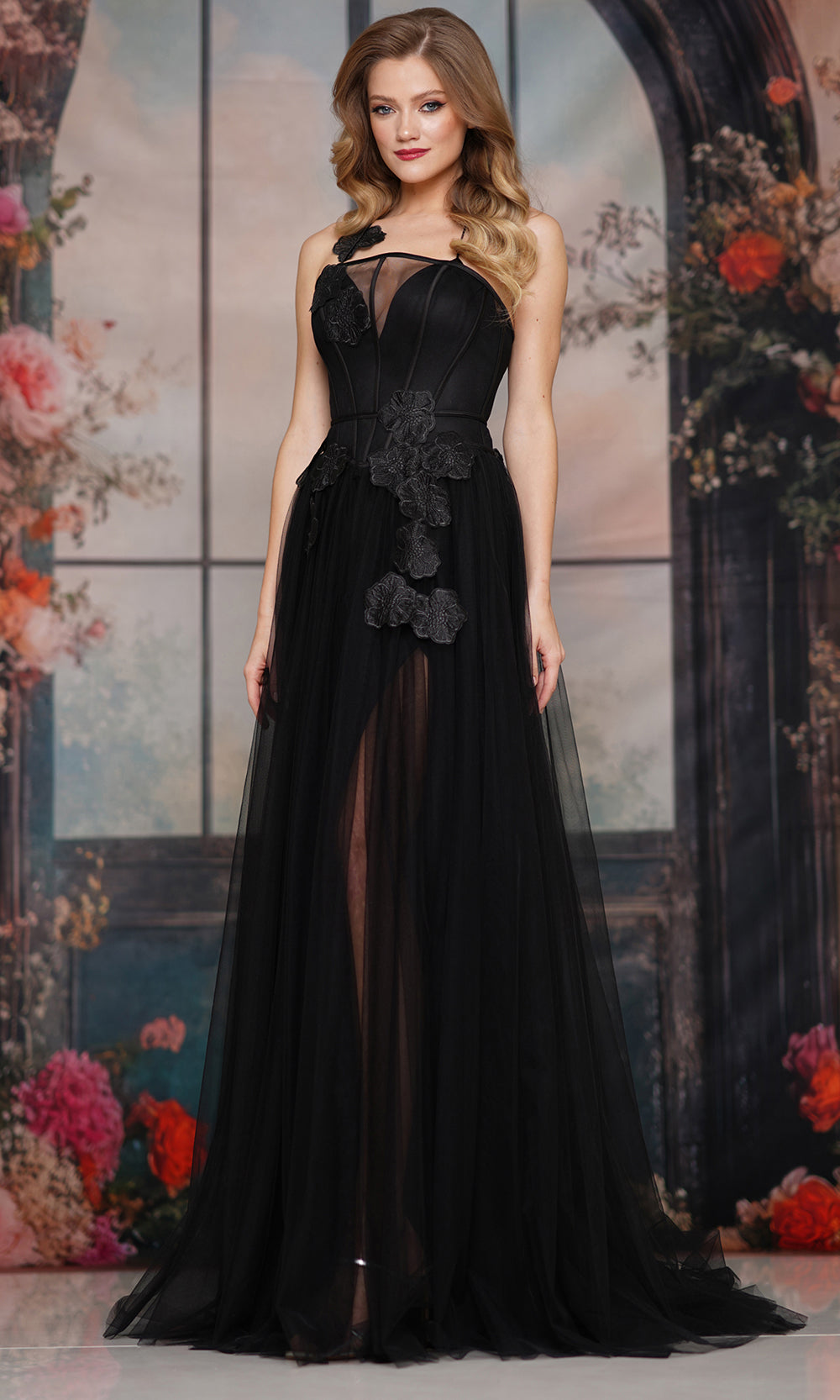 Colors Dress 3796 - Floral Applique Layered A-line Gown - Silhouette Dresses