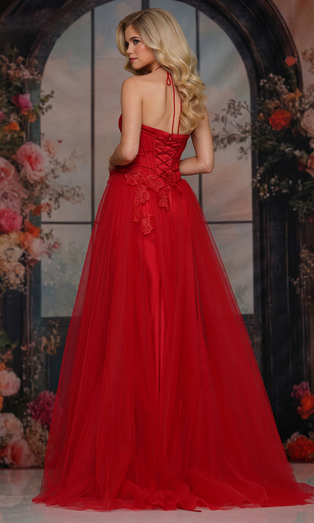 Colors Dress 3796 - Floral Applique Layered A-line Gown - detail view