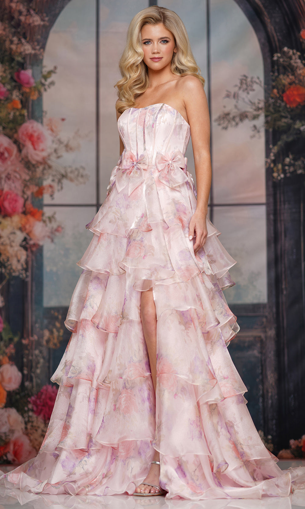 Colors Dress 3809 - Floral Print Tiered A-line Gown - Silhouette Dresses