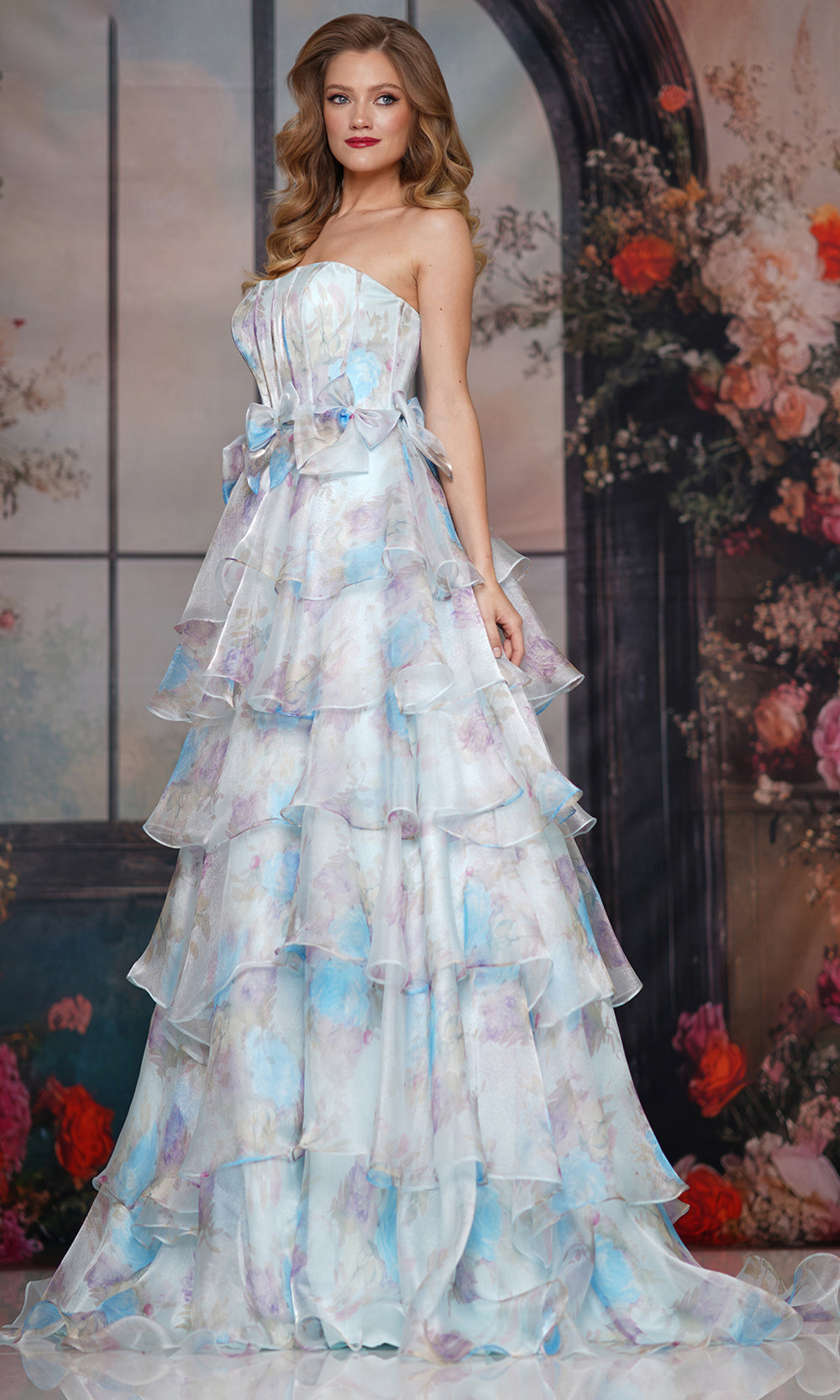 Colors Dress 3809 - Floral Print Tiered A-line Gown - back view