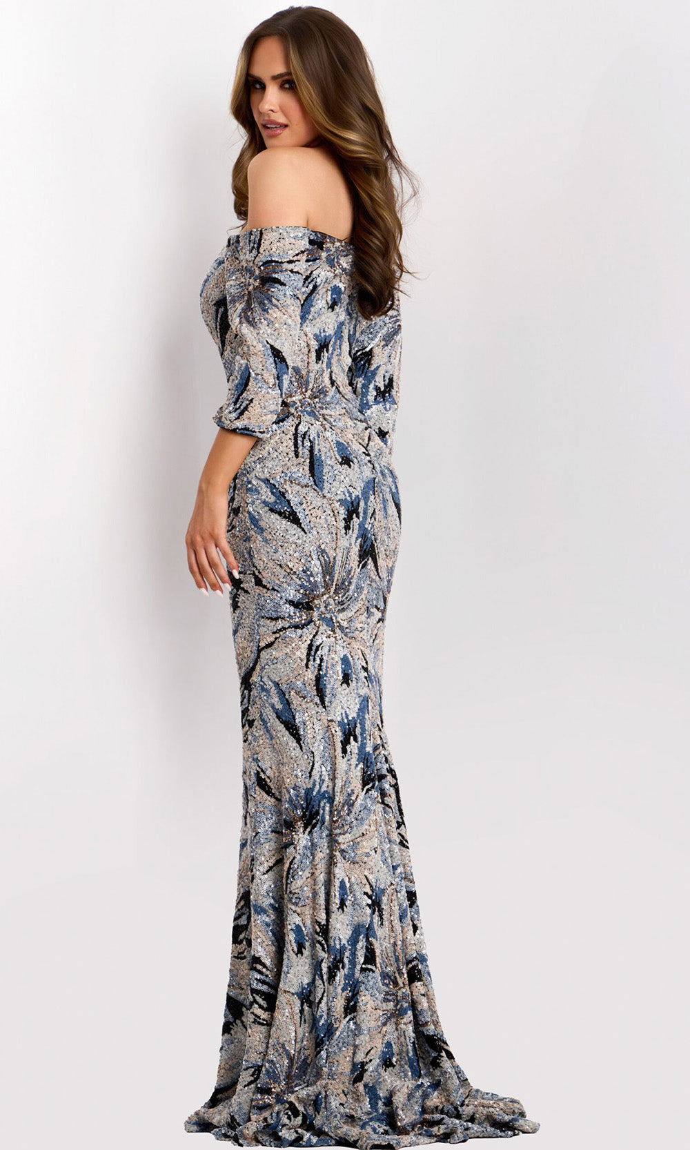 Jovani 38109 - Off Shoulder Floral Sequin Evening Gown - back view