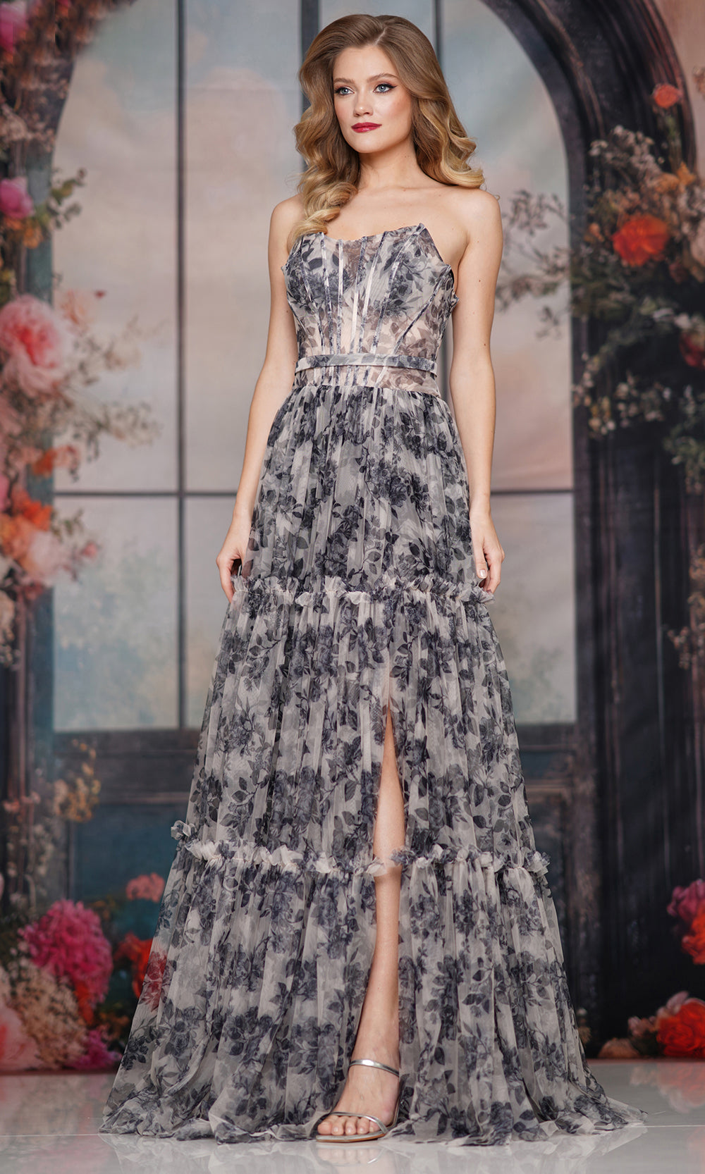 Colors Dress 3810 - Floral Tiered A-Line Evening Gown - Silhouette Dresses
