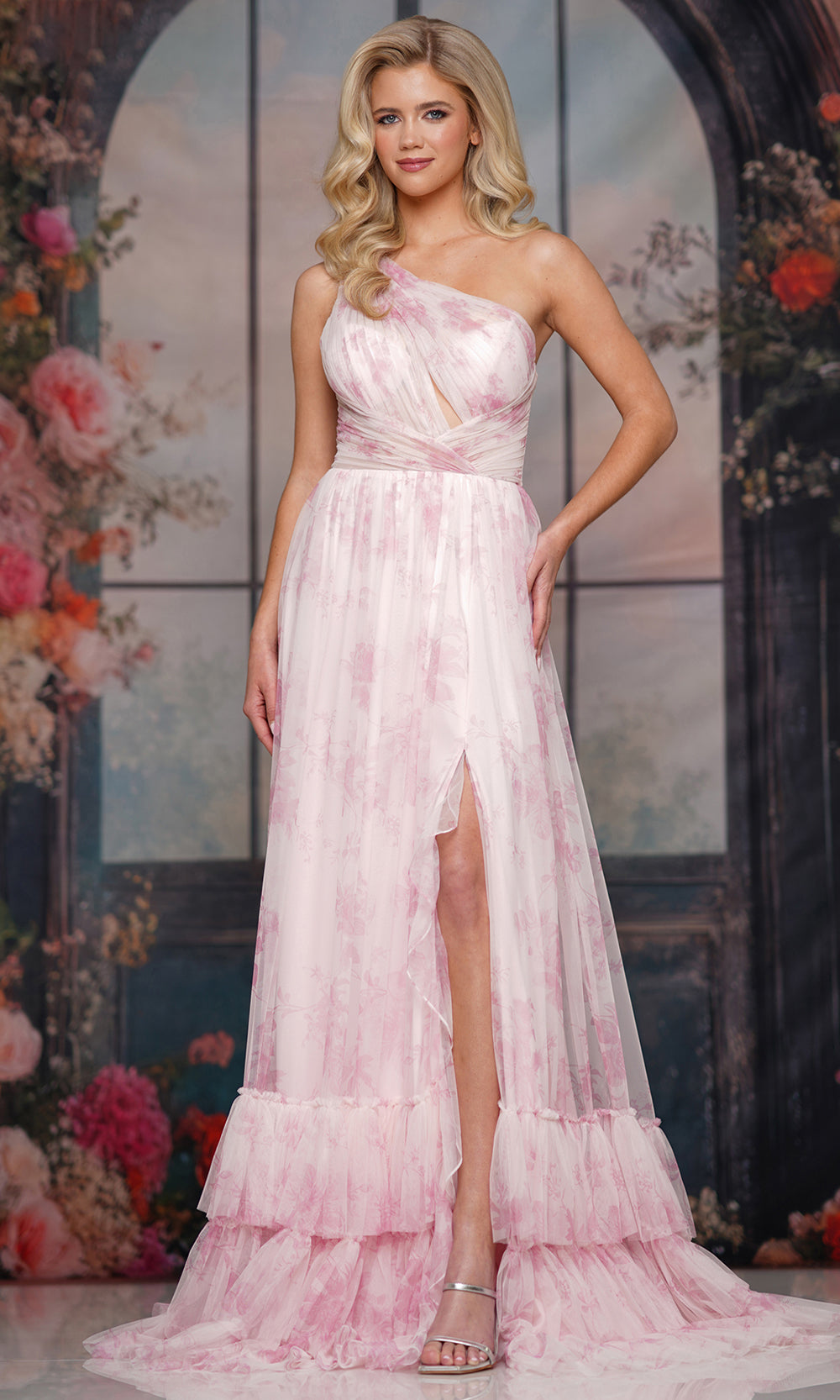 Colors Dress 3814 - One Shoulder Floral Tiered Gown - detail view