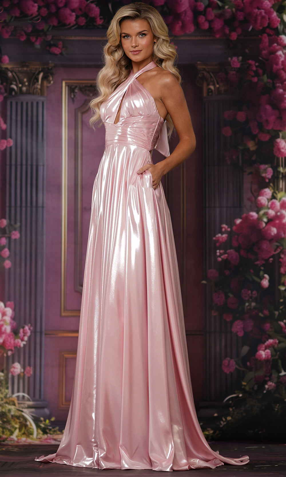 Colors Dress 3815 - Halter Keyhole Liquid Metallic Gown - detail view