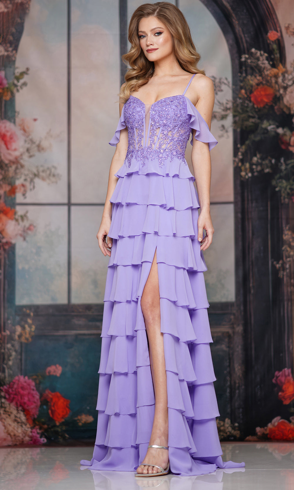 Colors Dress 3820 - Beaded Lace Bodice Tiered Gown - Silhouette Dresses