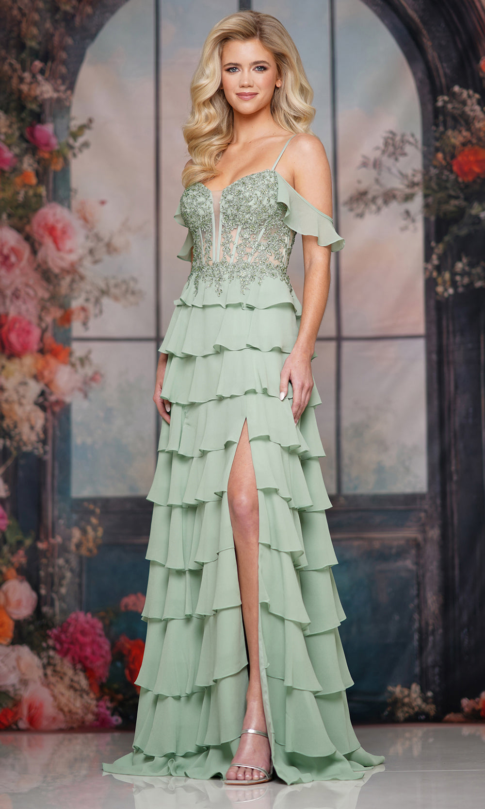 Colors Dress 3820 - Beaded Lace Bodice Tiered Gown - back view