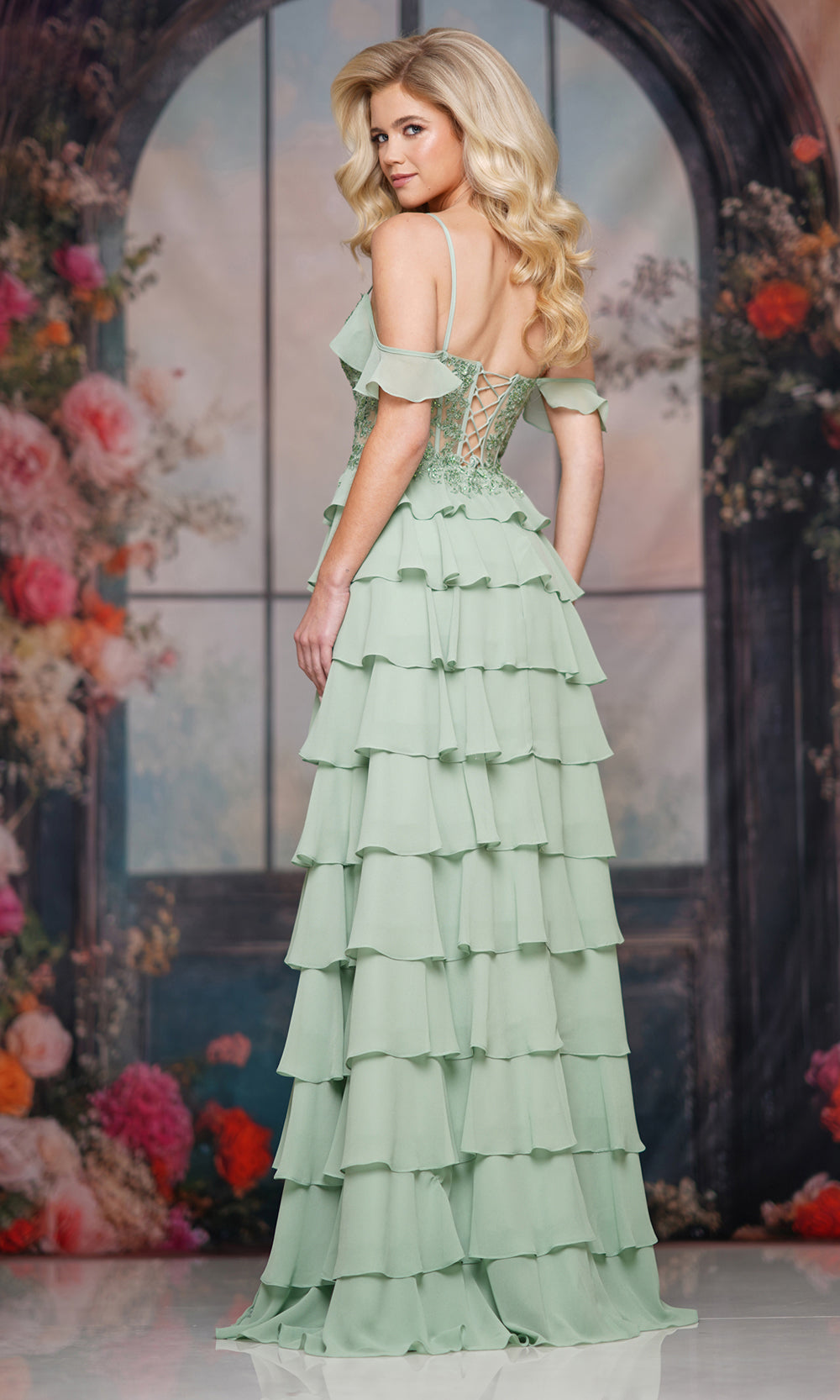 Colors Dress 3820 - Beaded Lace Bodice Tiered Gown - detail view