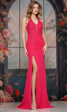 Colors Dress 3821 - Floral Applique Plunging Halter Gown - view 4