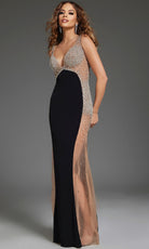 Jovani 38307 - Beaded Sheer Side V-Neckline Long Dress - back view