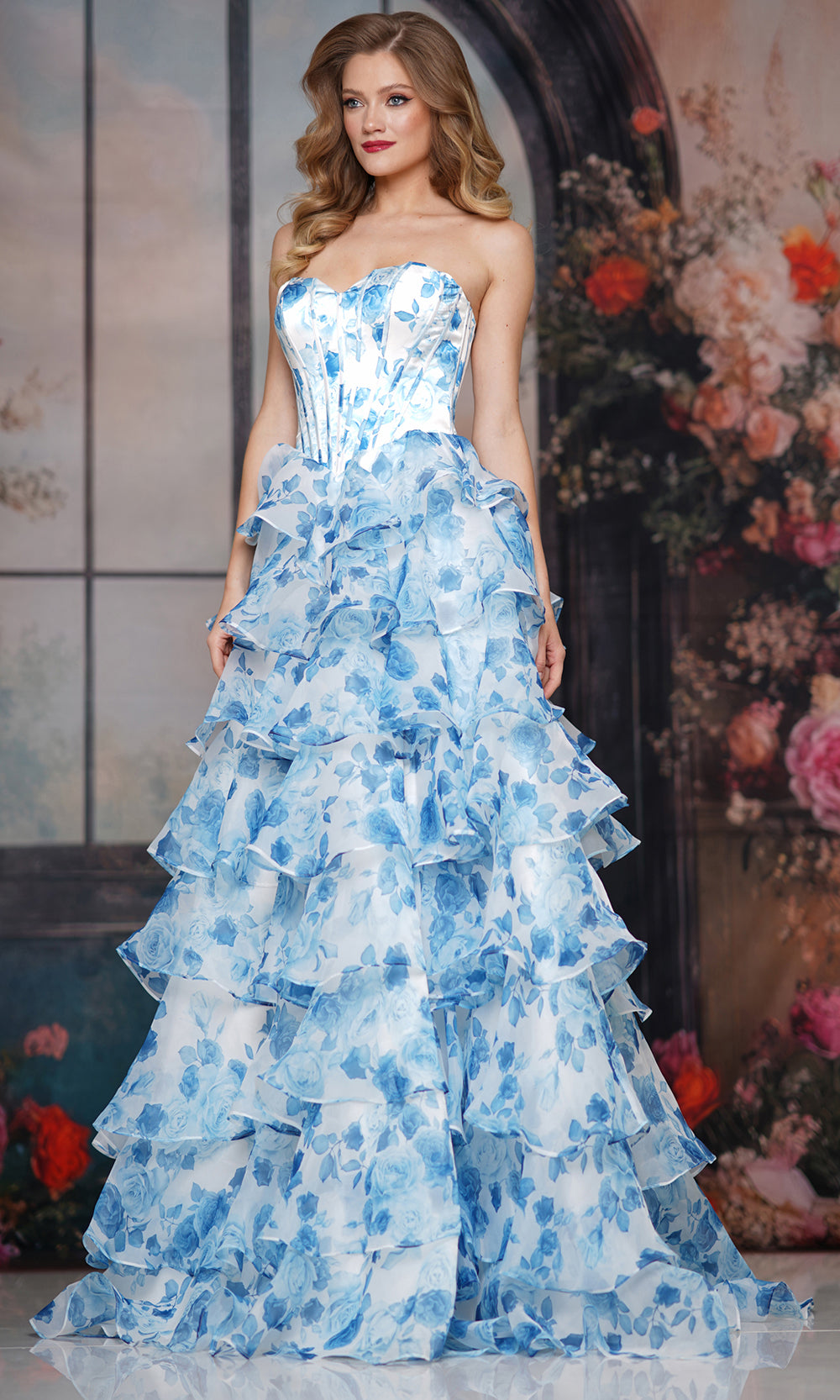 Colors Dress 3836 - Strapless Tiered Floral Gown - designer prom dress at Silhouette Dresses