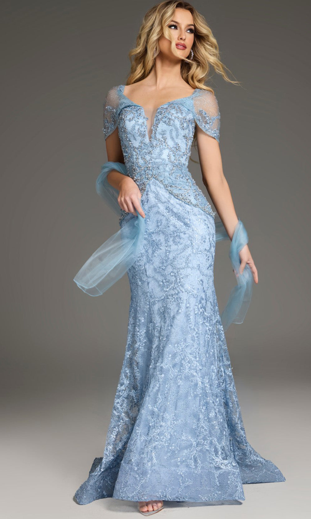 Jovani 38514 - Beaded Lace Plunging V-Neckline Gown - back view
