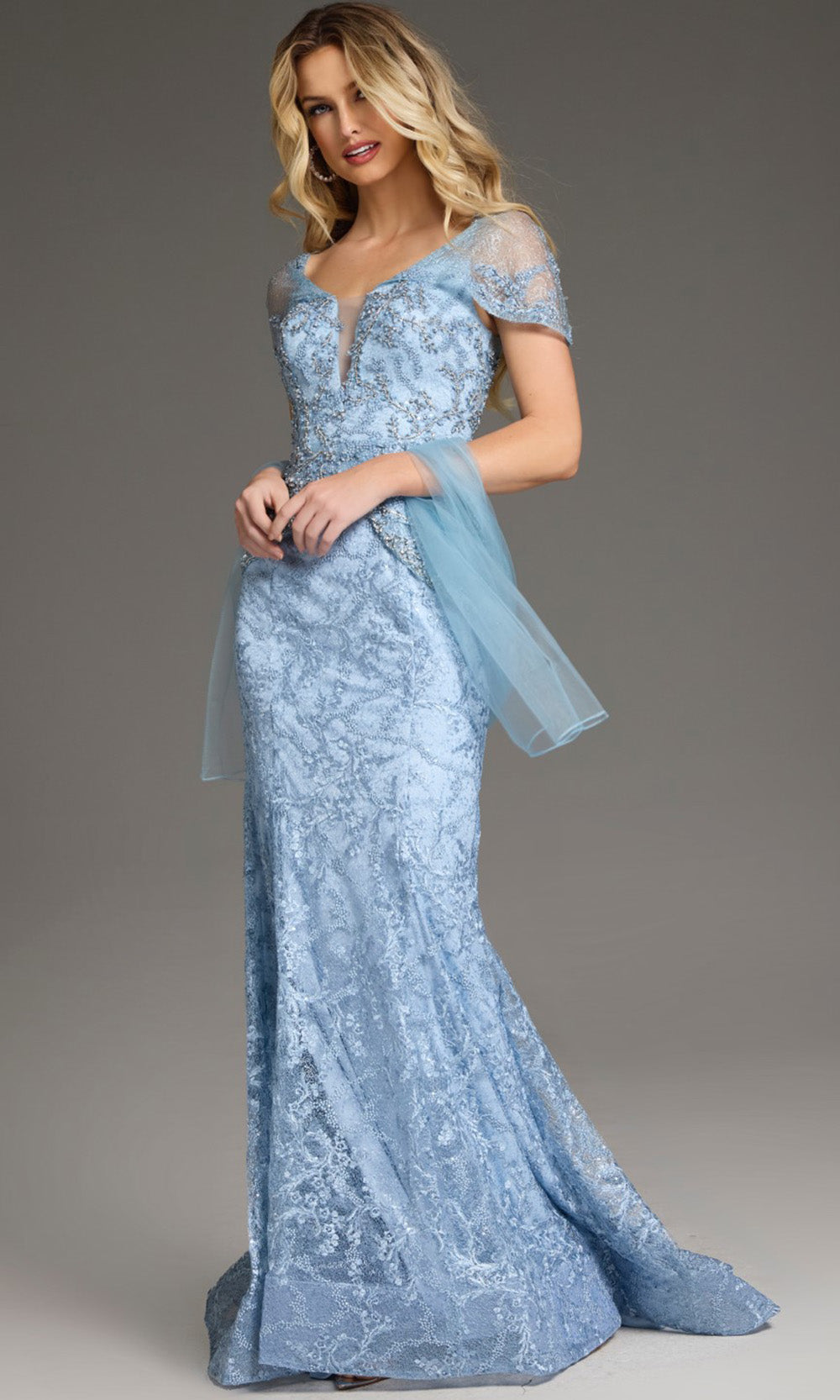 Jovani 38514 - Beaded Lace Plunging V-Neckline Gown - detail view