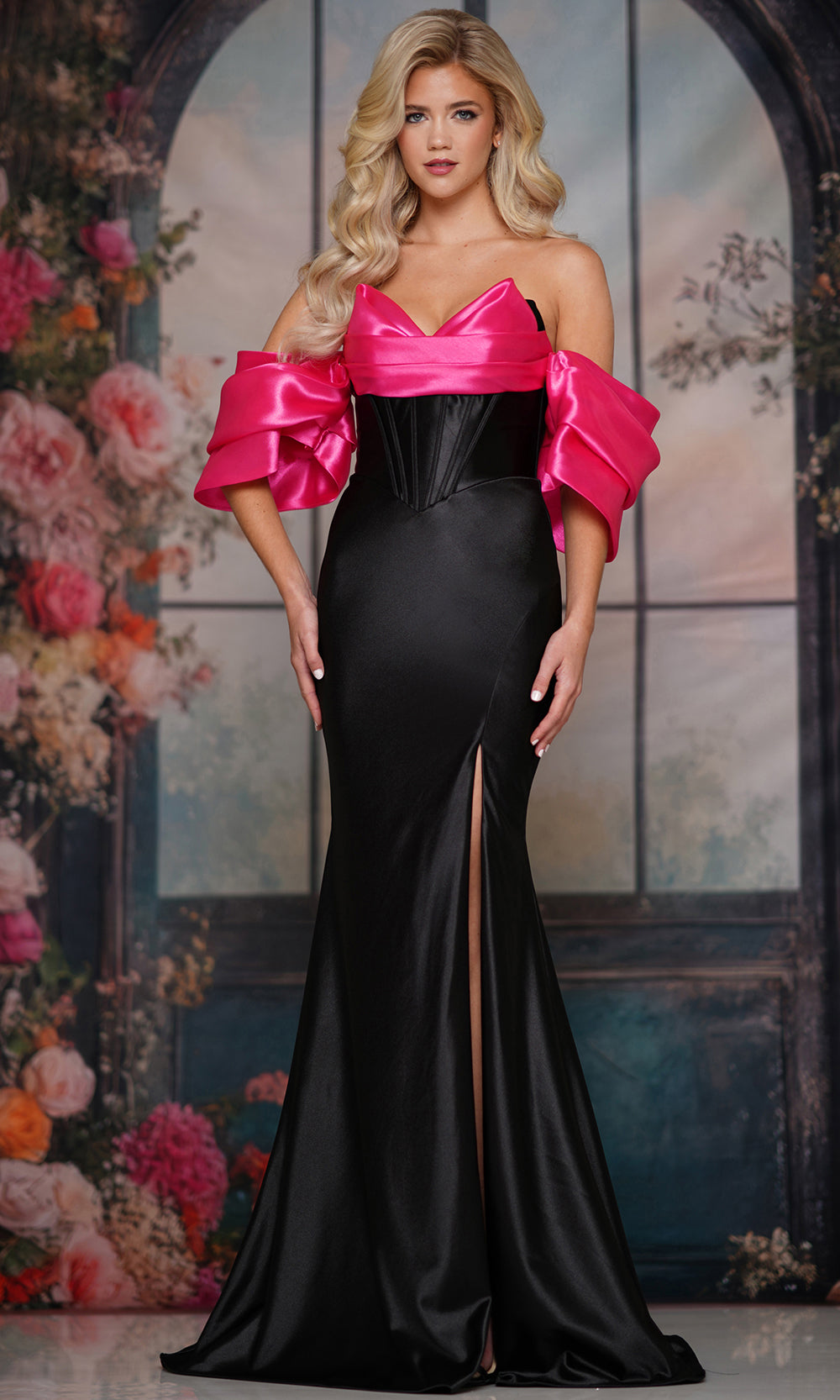 Colors Dress 3878 - Off Shoulder Satin Dress with Slit - detail view