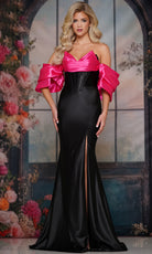 Colors Dress 3878 - Off Shoulder Satin Dress with Slit - detail view