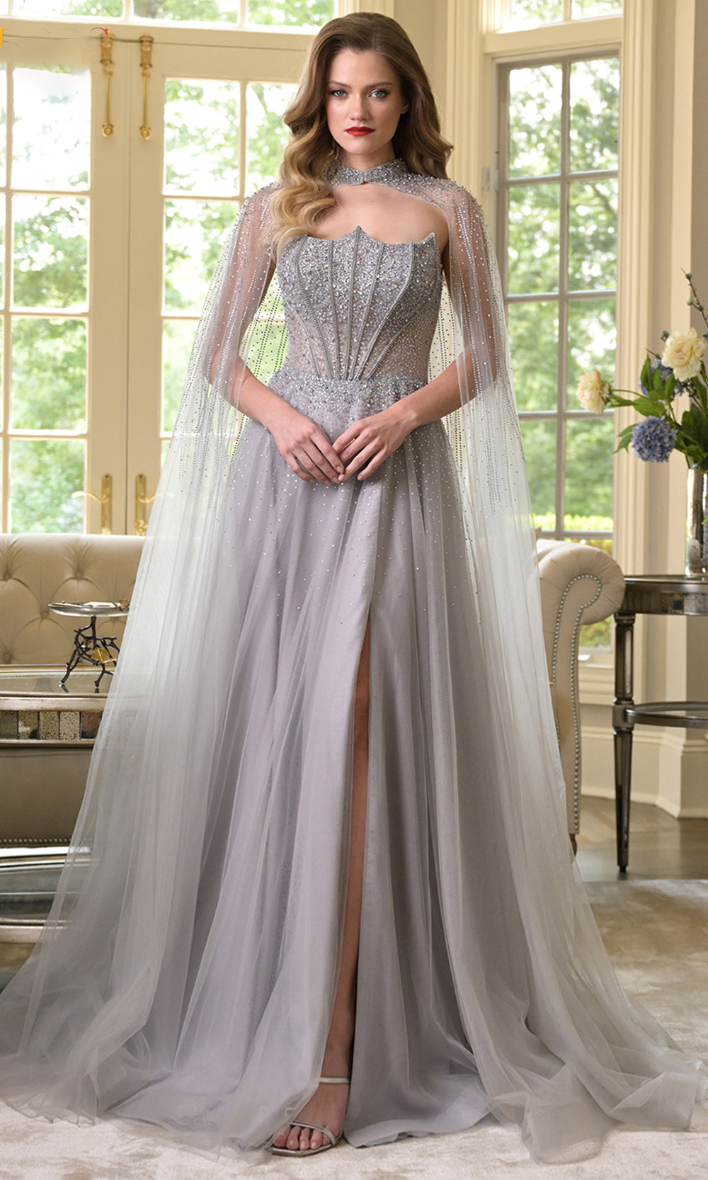 Colors Dress 3879 - Regal Cape Beaded A-line Gown - detail view