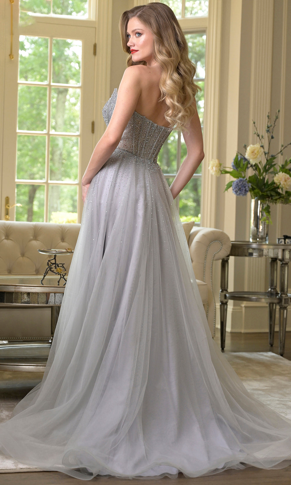 Colors Dress 3879 - Regal Cape Beaded A-line Gown - back view