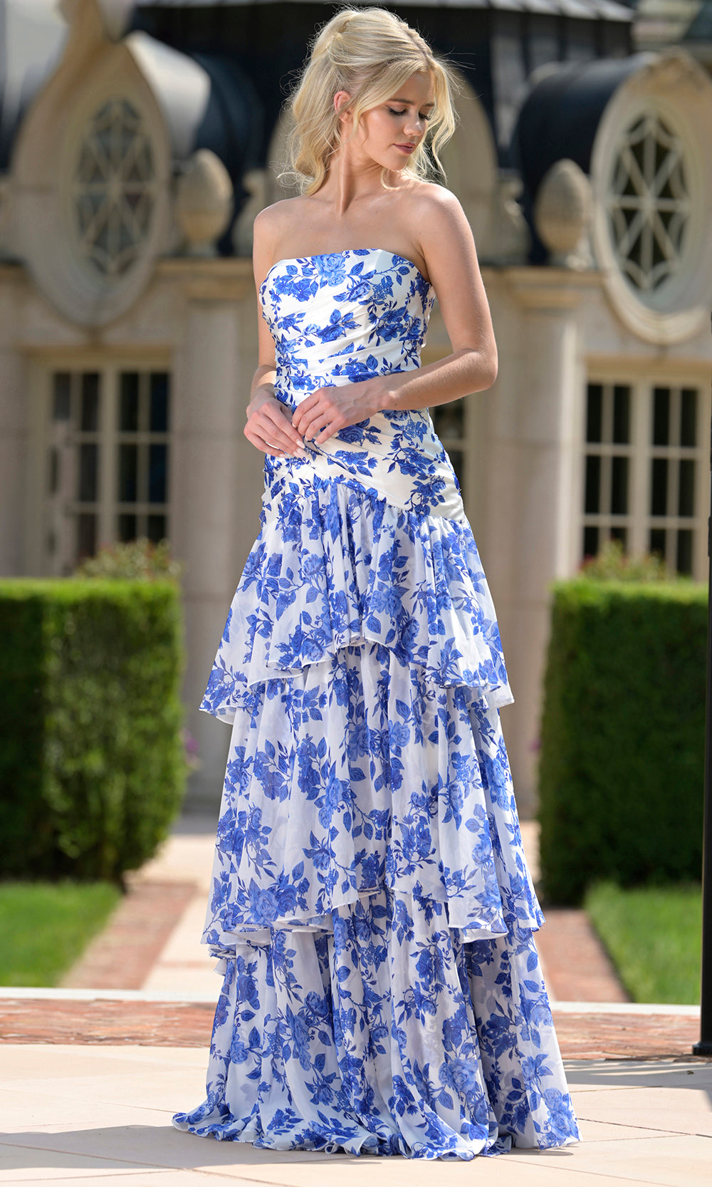Colors Dress 3888 - Strapless Tiered Ruffle Floral Gown - Silhouette Dresses