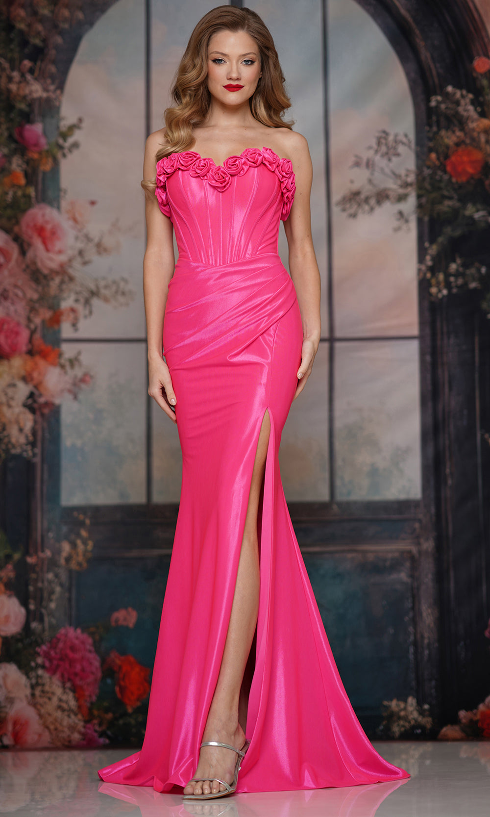 Colors Dress 3895 - Floral Neckline Corset Evening Gown - back view
