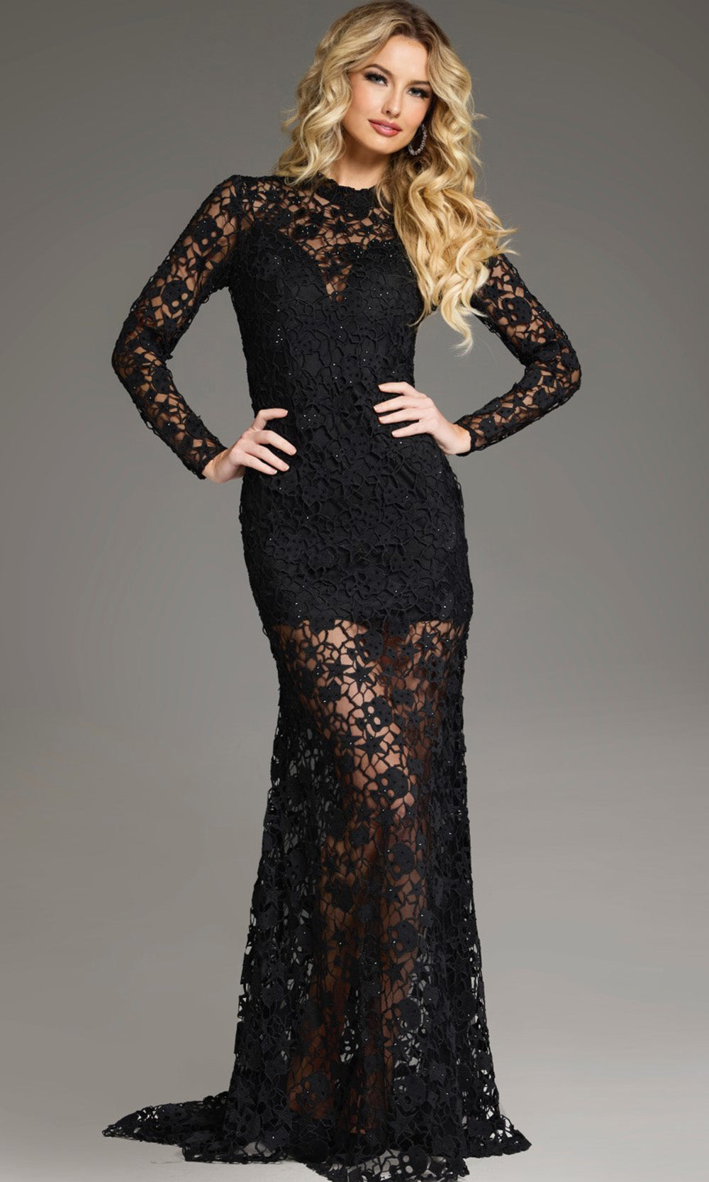 Jovani 39034 - High Neckline Floral Lace Gown - back view