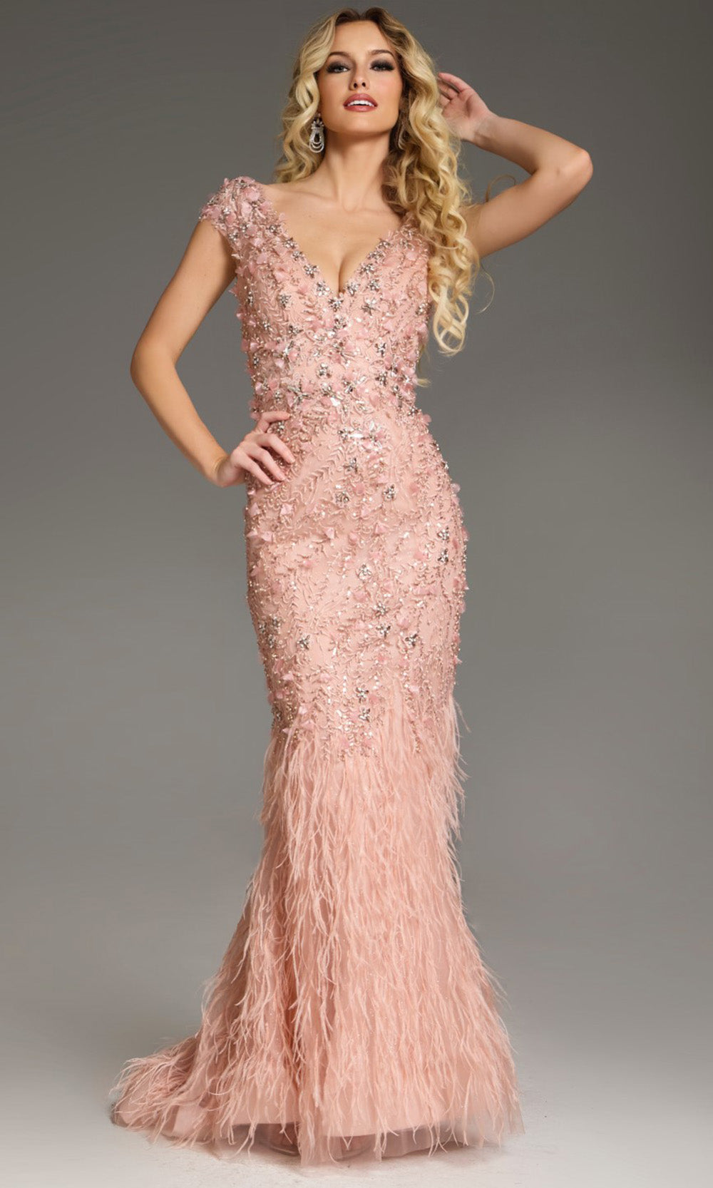 Jovani 39174 - Plunging Neck Feather Mermaid Gown - back view