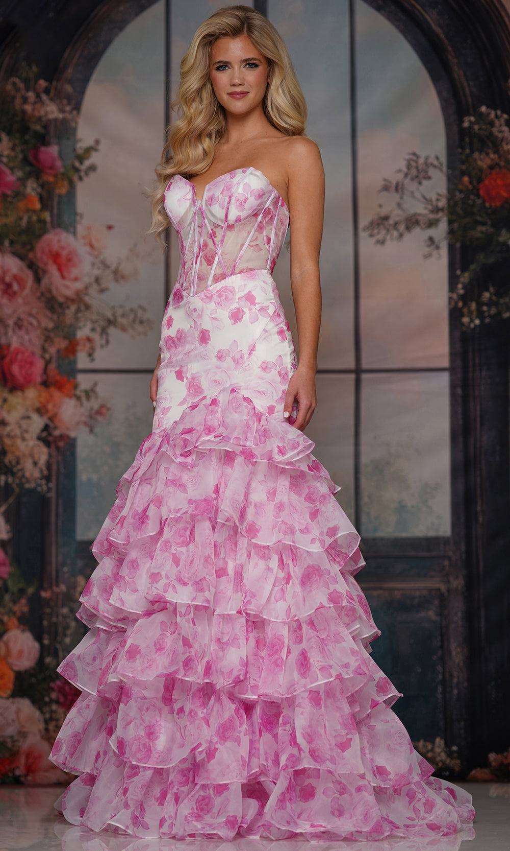 Colors Dress 3928 - Trumpet Skirt Floral Print Evening Dress - back view
