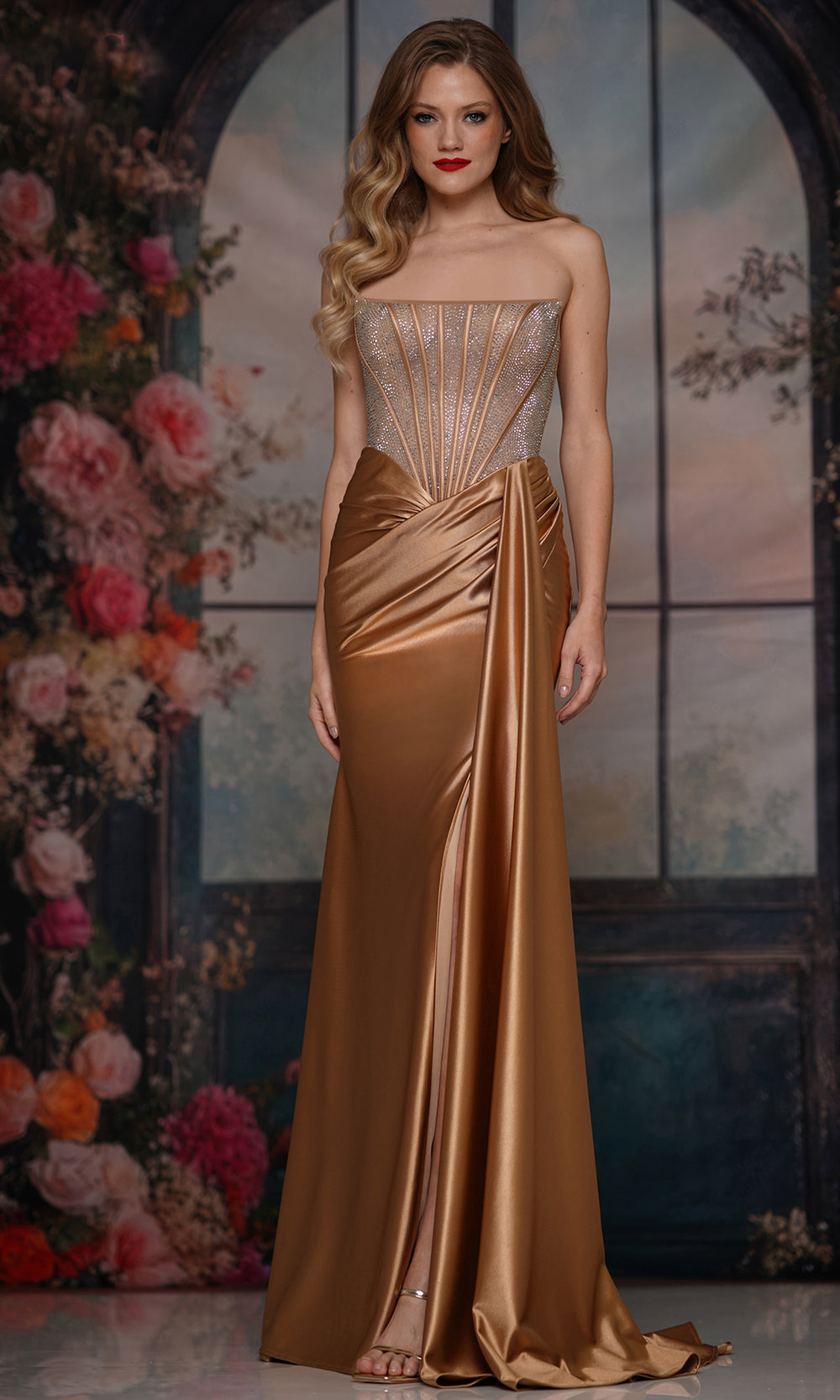 Colors Dress 3933 - Embellished Corset Gown with Side Sash - Silhouette Dresses