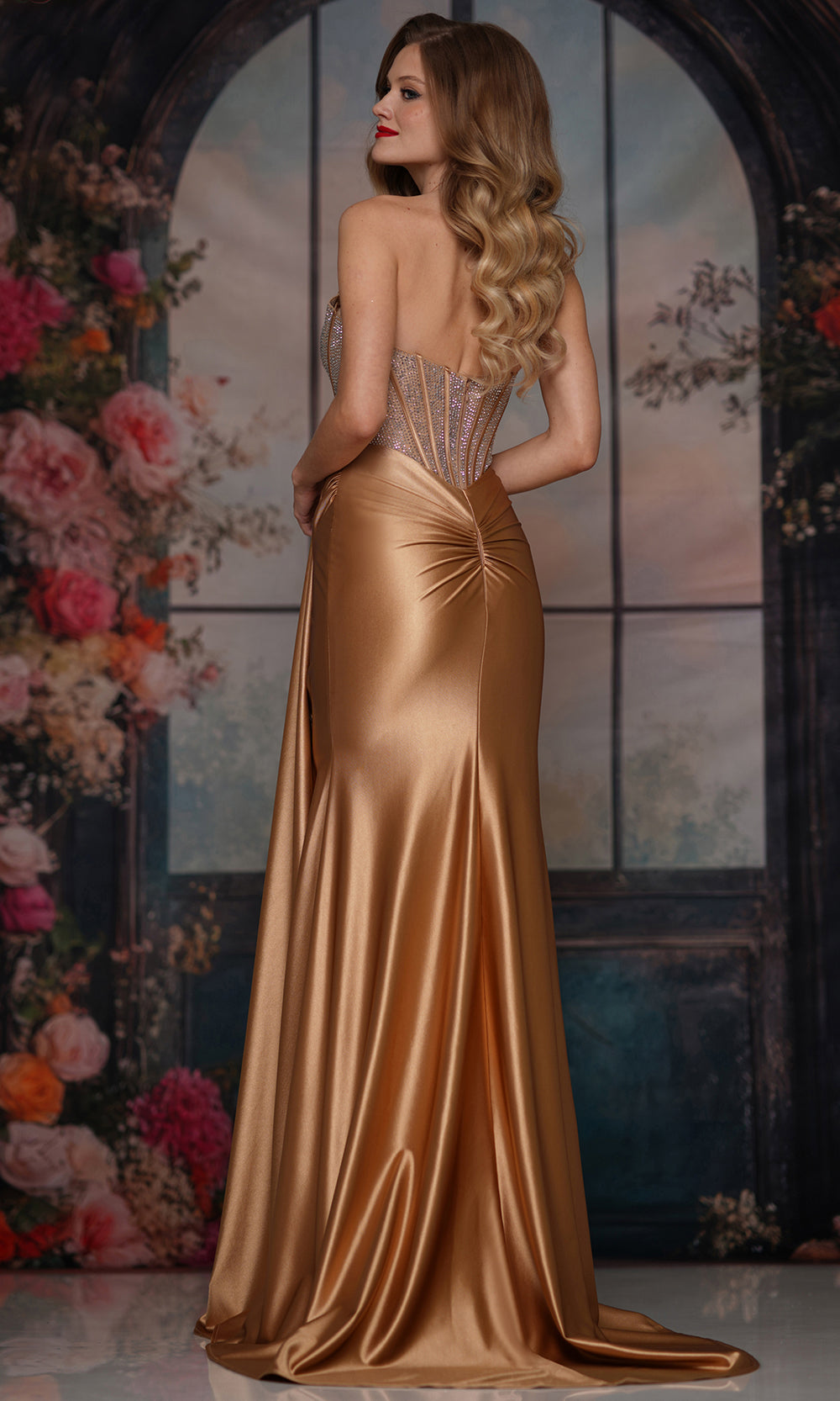 Colors Dress 3933 - Embellished Corset Gown with Side Sash - back view