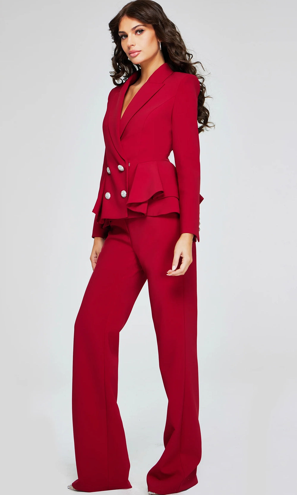 Jovani 39374 - Beaded Button Peplum Pantsuit - back view