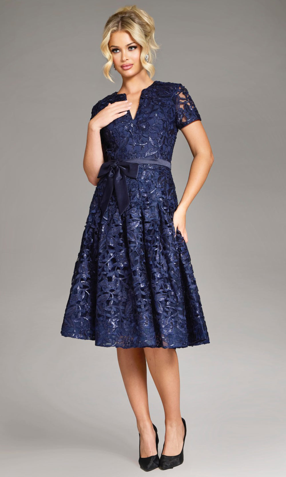 Jovani 39427 - Sequin Lace Tea-length A-Line Dress - detail view