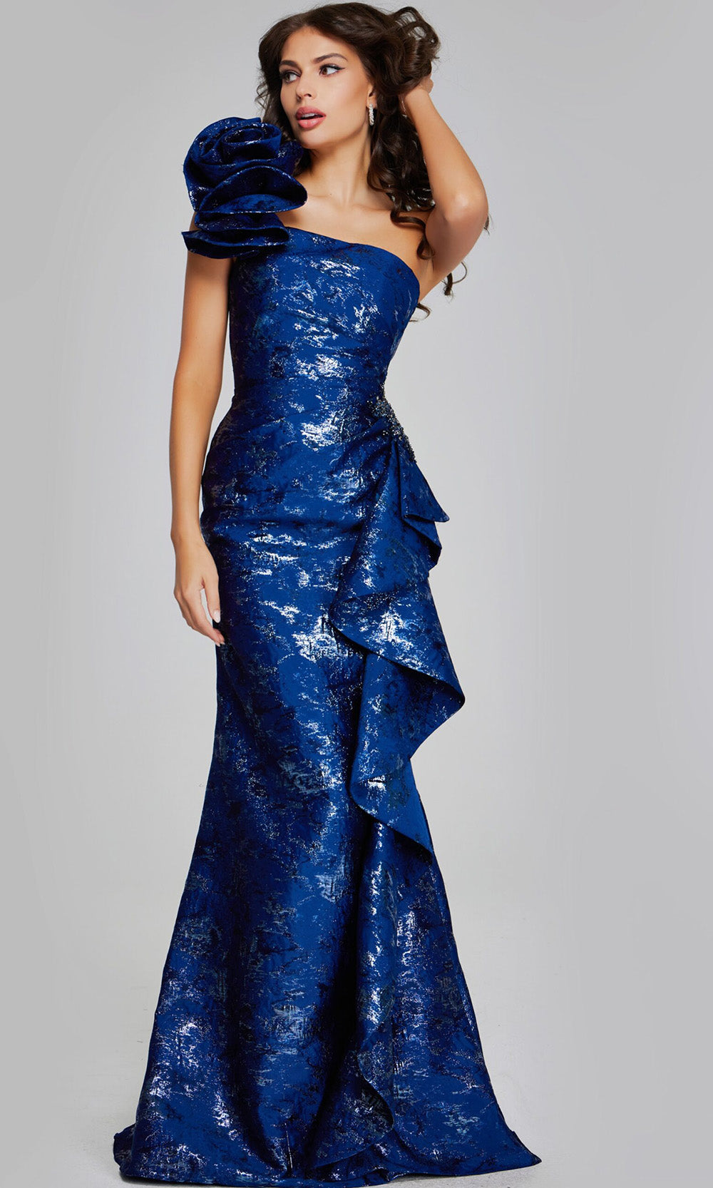 Jovani 39438 - One Shoulder Metallic Ruffle Gown - back view