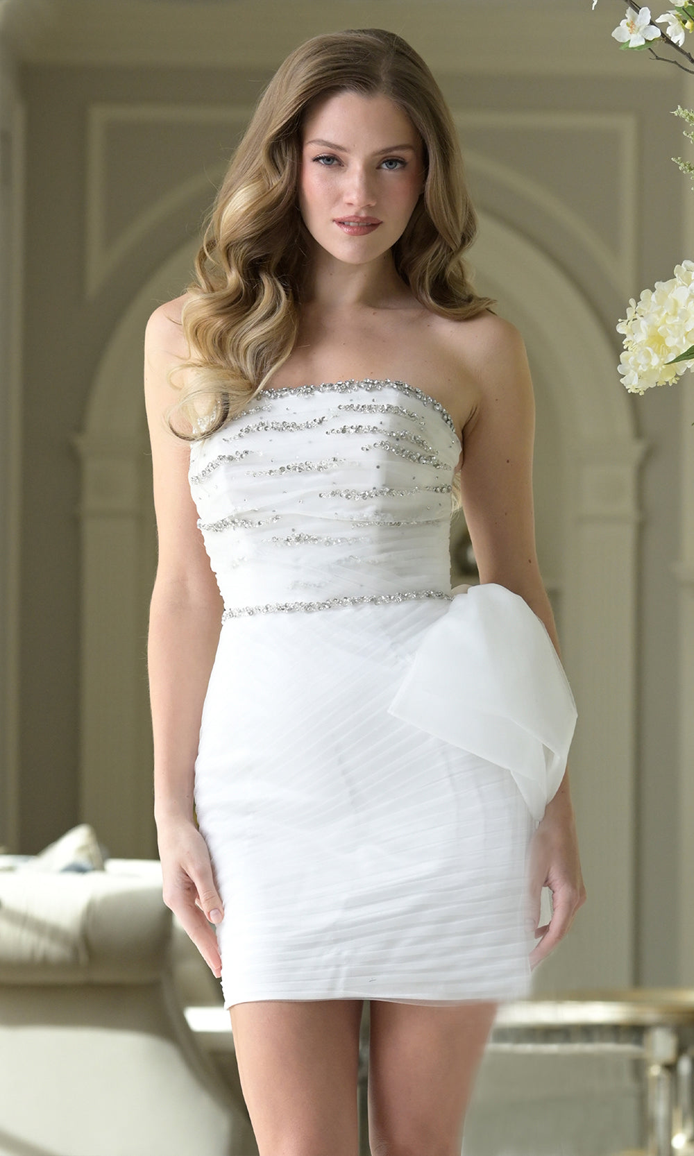 Colors Dress 3944 - Beaded Bodice Straight Across Mini Dress - detail view