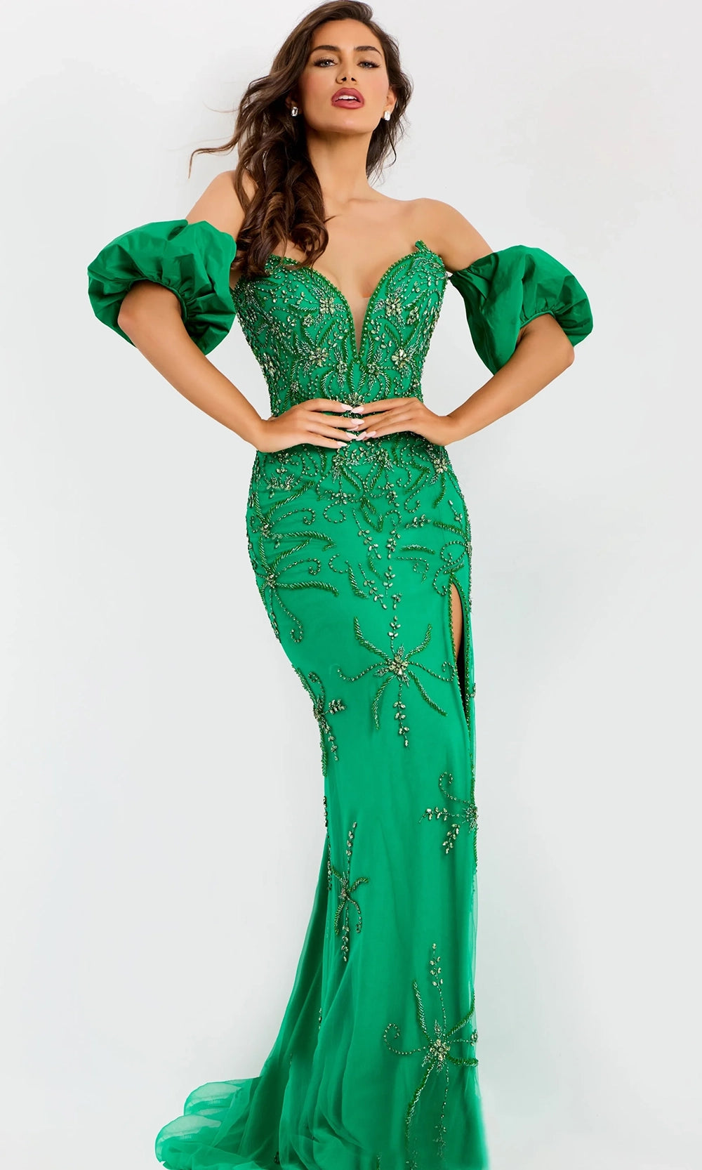 Jovani 39615 - Beaded Column Gown with Puff Sleeves - designer prom dress at Silhouette Dresses