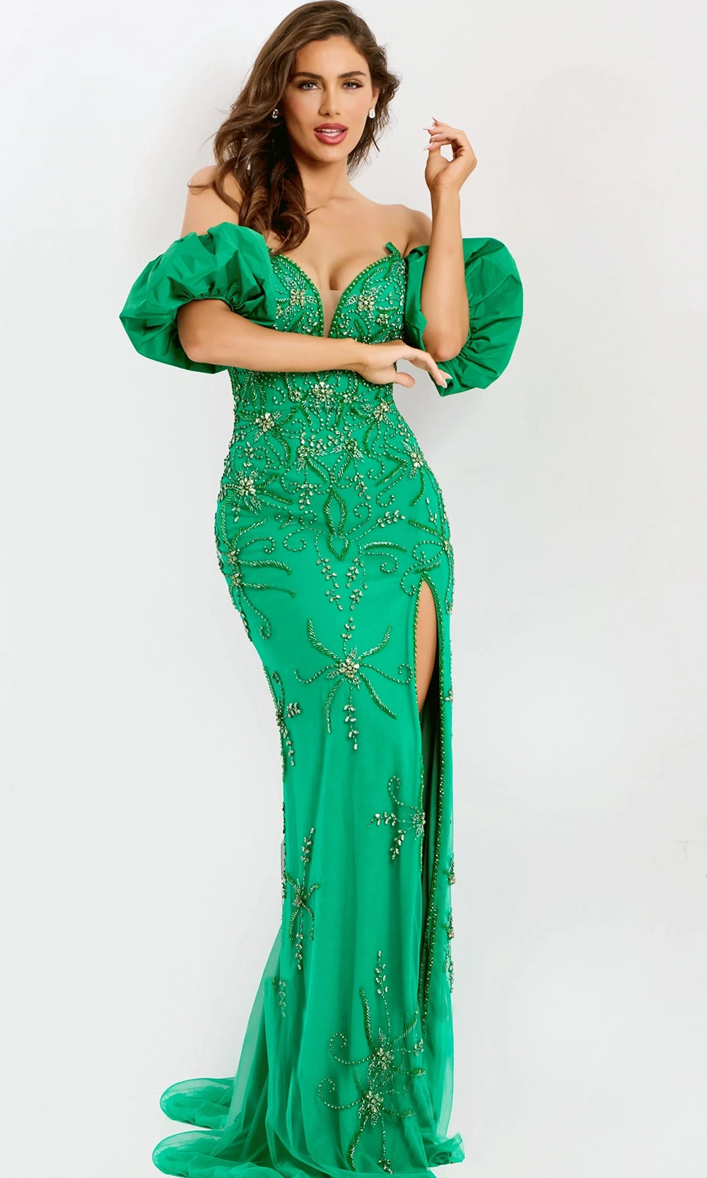 Jovani 39615 - Beaded Column Gown with Puff Sleeves - detail view