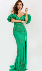 Jovani 39615 - Beaded Column Gown with Puff Sleeves - detail view