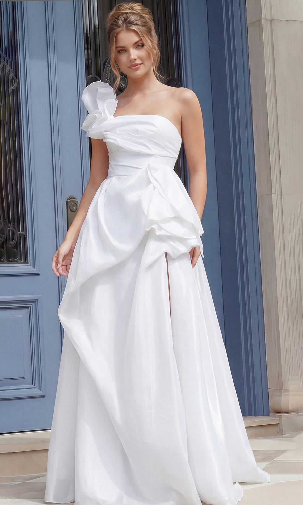 Jovani 39796 - Ruffled Accent Asymmetric Neck Bridal Gown - back view
