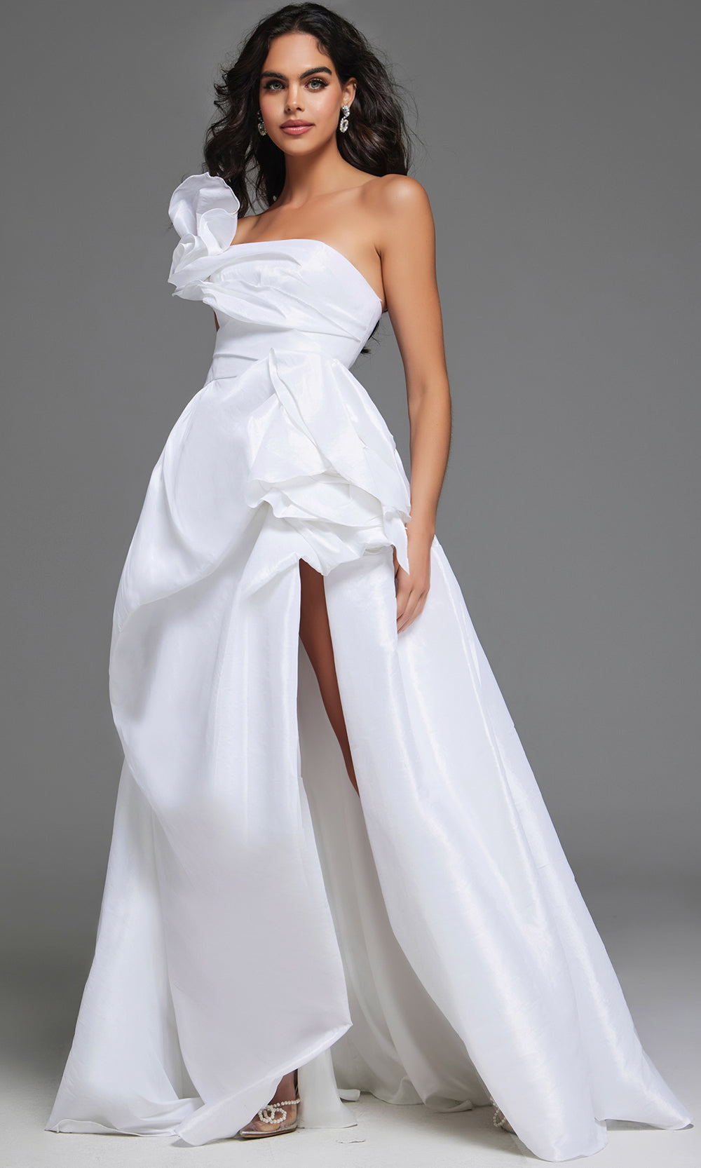 Jovani 39796 - Ruffled Accent Asymmetric Neck Bridal Gown - designer wedding dress at Silhouette Dresses