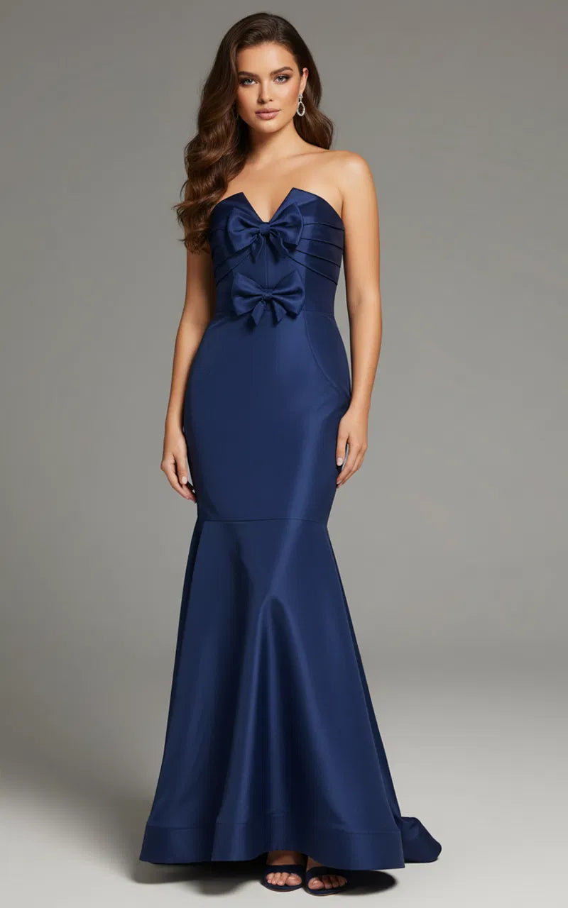 Jovani 39872 - V-Neck Satin Mermaid Gown with Bow Detail - detail view
