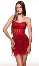 Alyce Paris 40022 - Beaded Corset Mini Dress with Fringe - detail view
