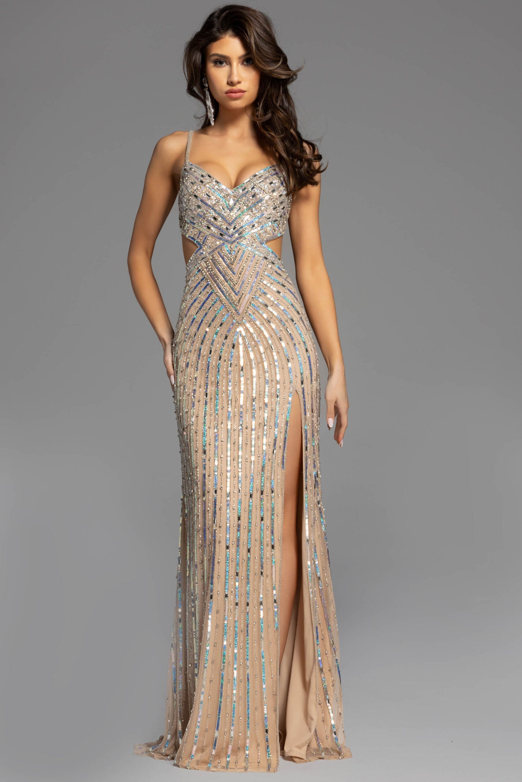 Jovani 40060 - Sequined V Neck Cutout Prom Gown - detail view