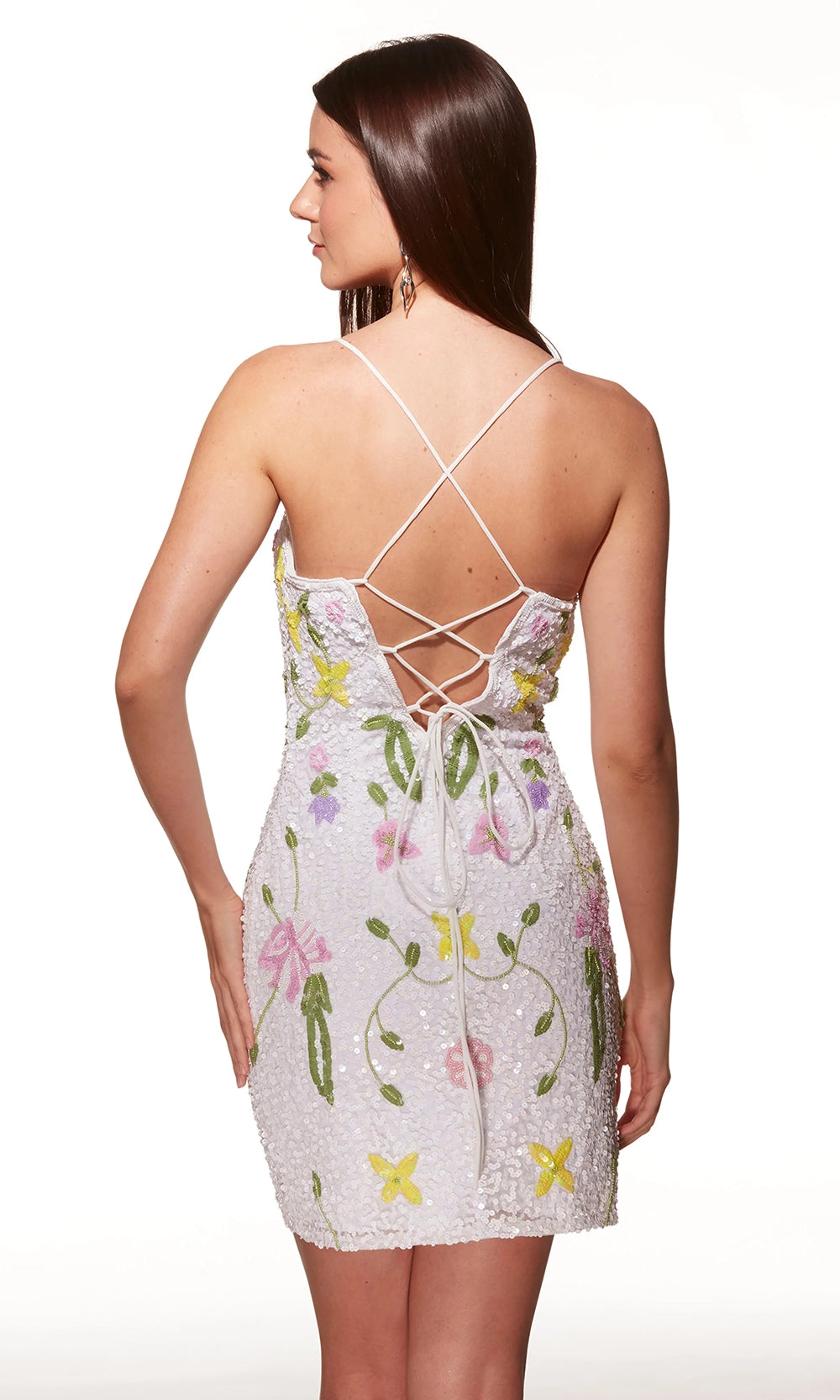 Alyce Paris 40061 - Beaded Floral Lace Up Mini Dress - detail view