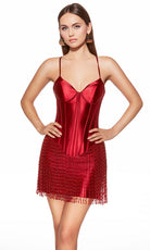 Alyce Paris 40118 - Satin Corset Dress with Fringe Hem - designer cocktail dress at Silhouette Dresses
