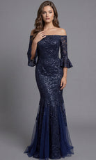 Jovani 40155 - Allover Lace Three-Quarter Bell Sleeve Gown - back view
